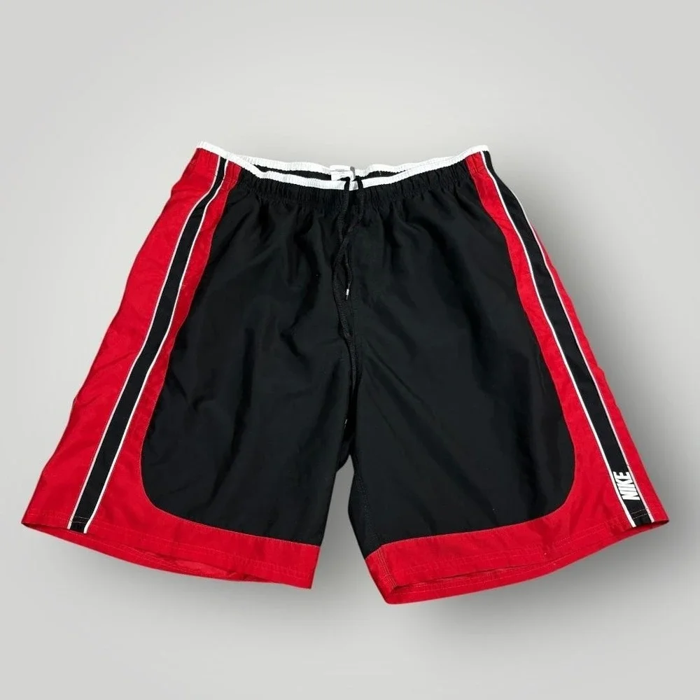 Vintage Nike Swim‎ Shorts Mens 2XL Black Red Mesh Lined Trunks T95502B1